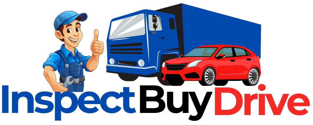 A cartoon mechanic gives a thumbs up beside a blue truck and a red car. The text below reads "Inspect Buy Drive" in blue, black, and red letters.